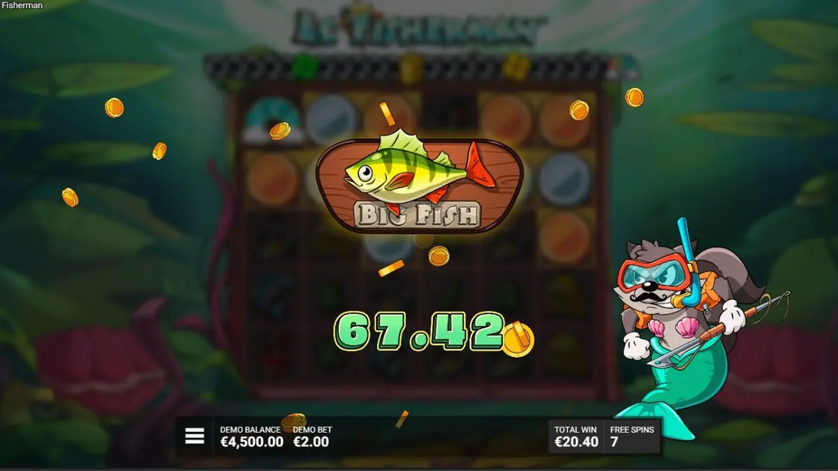 Smokey o guaxinim pescando em um barco no slot Le Fisherman